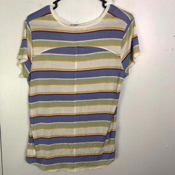 Prana Top Womens Large Colorful Striped Foundation Short Sleeve V Neck Tencel - Picture 2 of 8